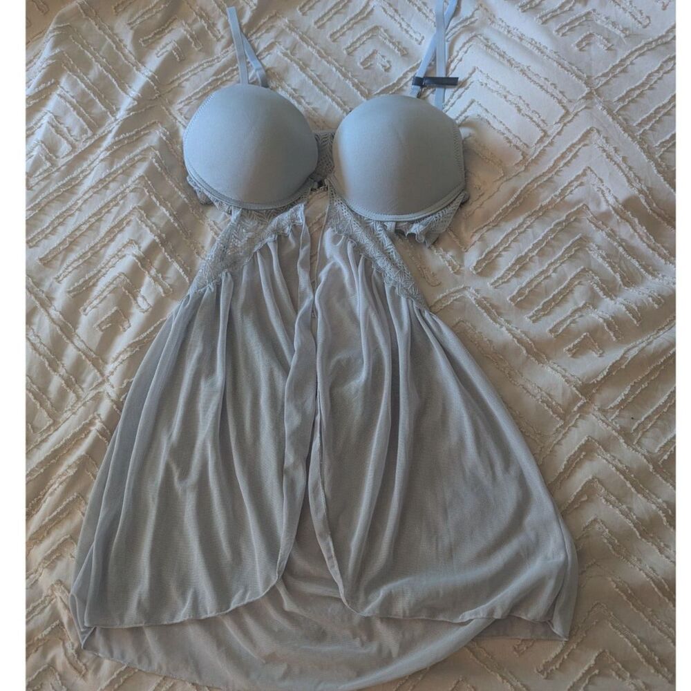New Tahari Intimates Size L Blue Lace Mesh Babydoll Chemise Nightgown Underwire
